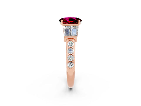 Rose gold Oval Cut Garnet Engagement Ring with Baguette Side Stones and Channel Set Band_2
