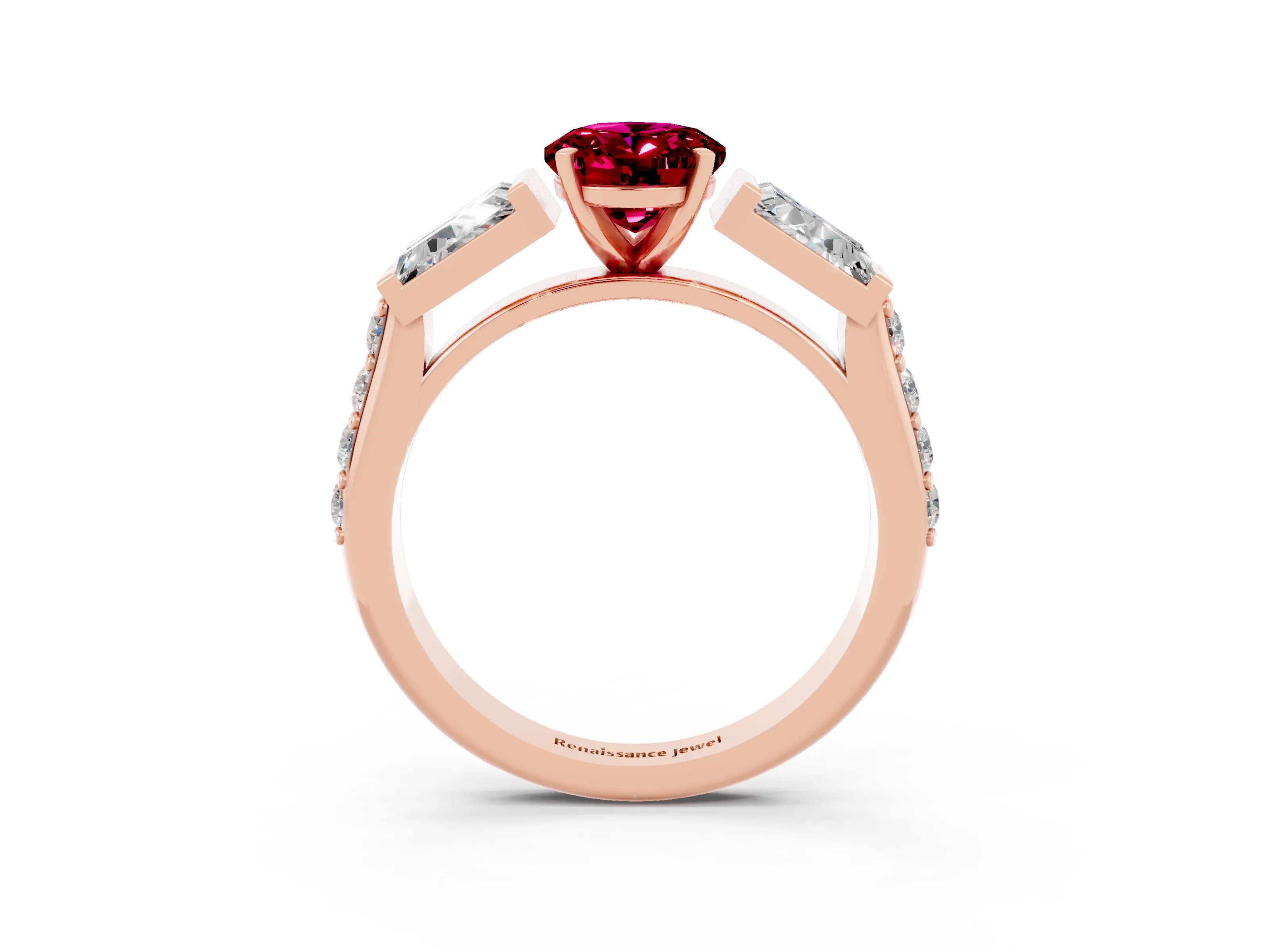 Rose gold Oval Cut Garnet Engagement Ring with Baguette Side Stones and Channel Set Band_3