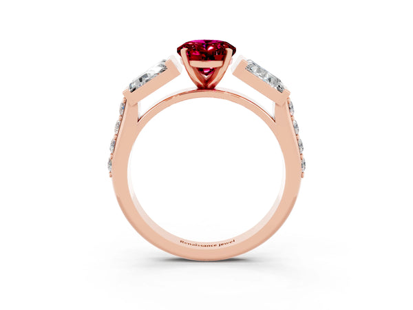 Rose gold Oval Cut Garnet Engagement Ring with Baguette Side Stones and Channel Set Band