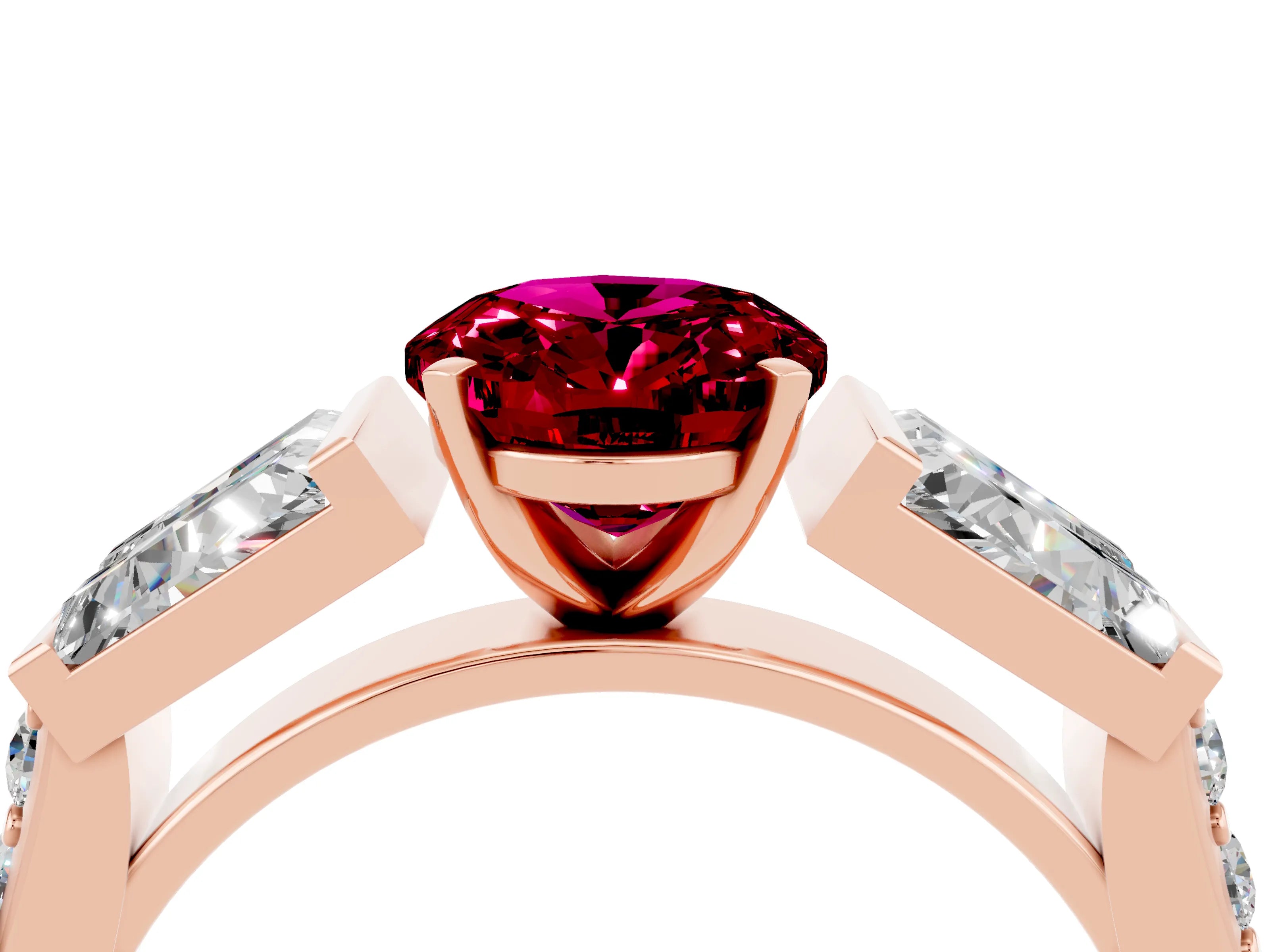Rose gold Oval Cut Garnet Engagement Ring with Baguette Side Stones and Channel Set Band_4