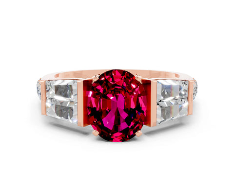 Rose gold Oval Cut Garnet Engagement Ring with Baguette Side Stones and Channel Set Band