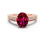Rose gold Oval Cut Garnet Engagement Ring with Milgrain Channel Set Band and Prong Setting