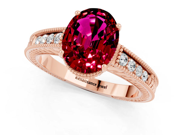Rose gold Oval Cut Garnet Engagement Ring with Milgrain Channel Set Band and Prong Setting