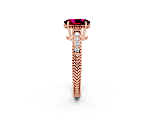 Rose gold Oval Cut Garnet Engagement Ring with Milgrain Channel Set Band and Prong Setting