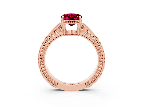 Rose gold Oval Cut Garnet Engagement Ring with Milgrain Channel Set Band and Prong Setting