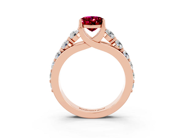 Rose gold Oval Cut Garnet Engagement Ring with Pavé Band and Four-Prong Setting