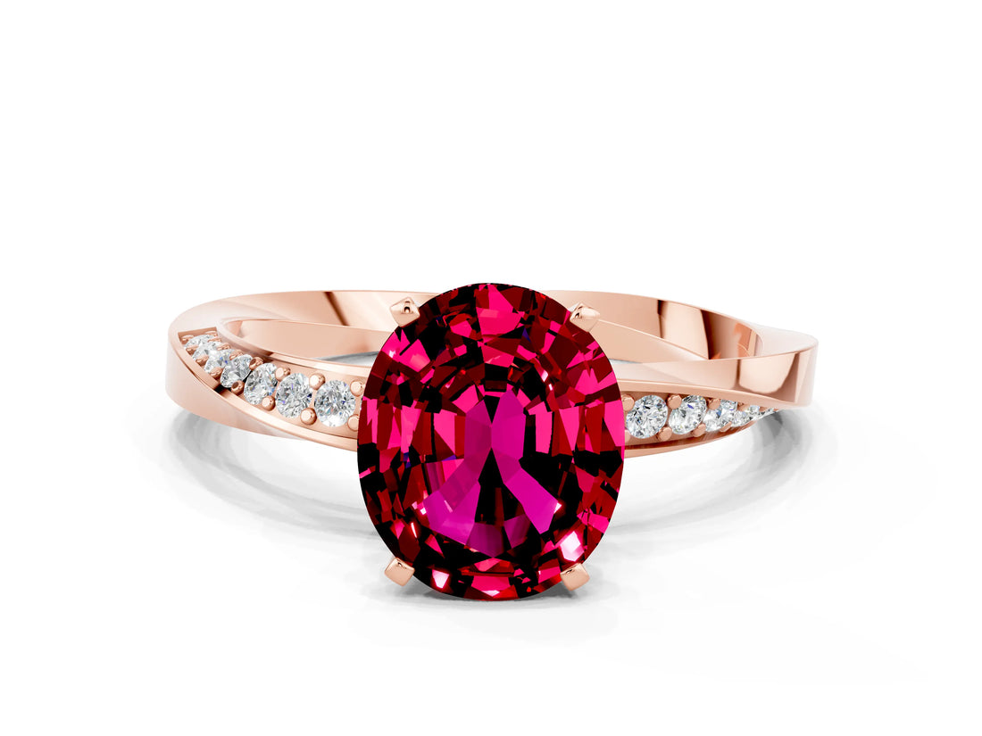 Rose gold Oval Cut Garnet Engagement Ring with Side Stone Accents and Four-Prong Setting_60