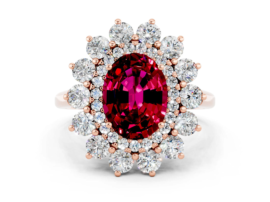 Rose gold Oval Cut Garnet Floral Double Halo Engagement Ring with Prong Setting_48