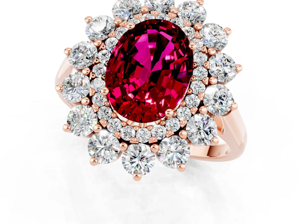 Rose gold Oval Cut Garnet Floral Double Halo Engagement Ring with Prong Setting