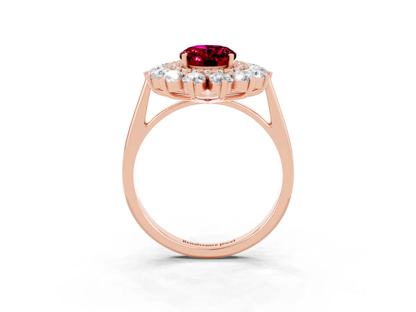 Rose gold Oval Cut Garnet Floral Double Halo Engagement Ring with Prong Setting