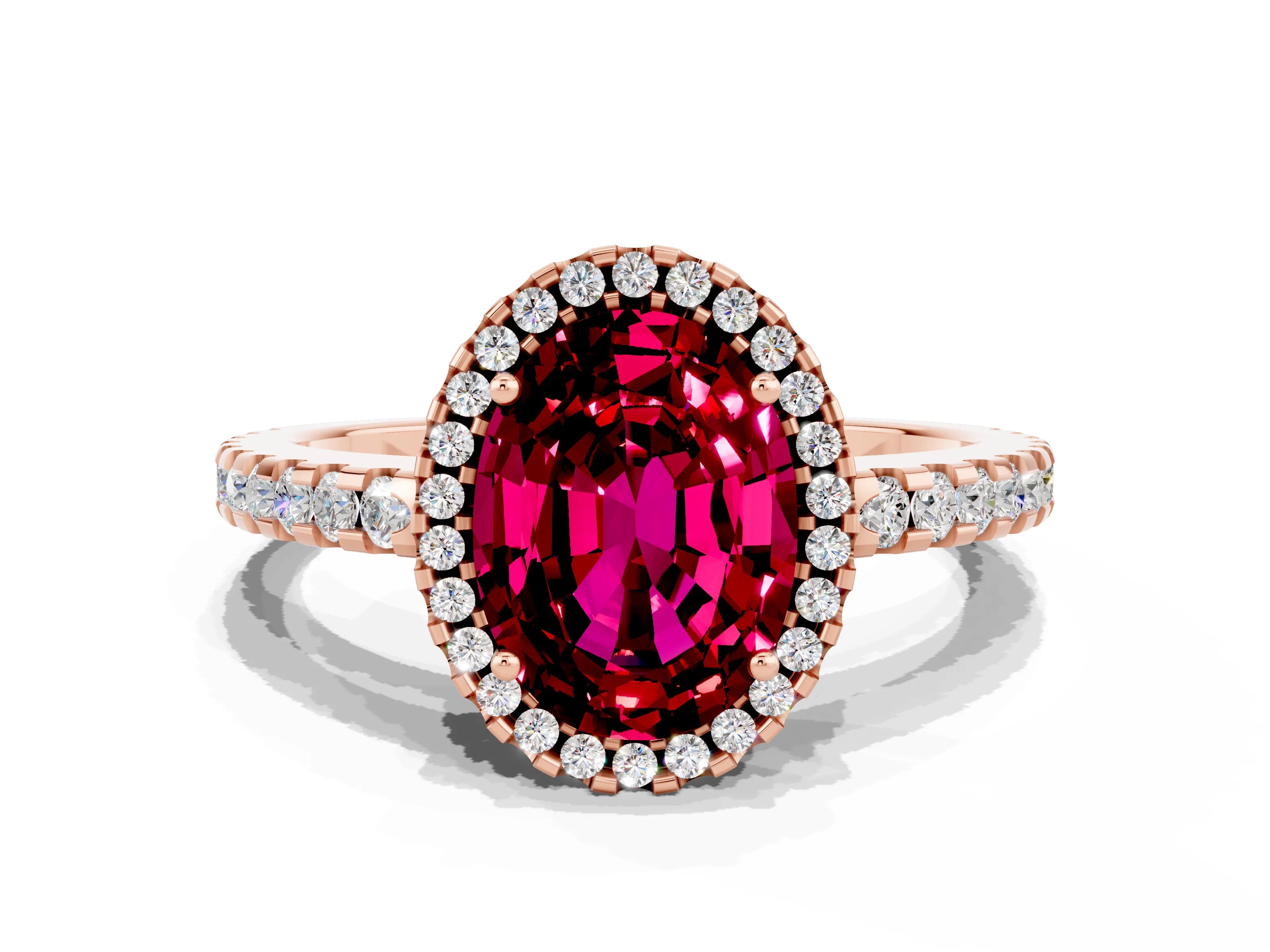 Rose gold Oval Cut Garnet Halo Engagement Ring with Pavé Band and Prong Setting_12