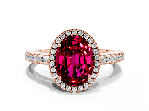Rose gold Oval Cut Garnet Halo Engagement Ring with Pavé Band and Prong Setting_12