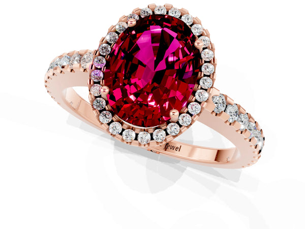 Rose gold Oval Cut Garnet Halo Engagement Ring with Pavé Band and Prong Setting