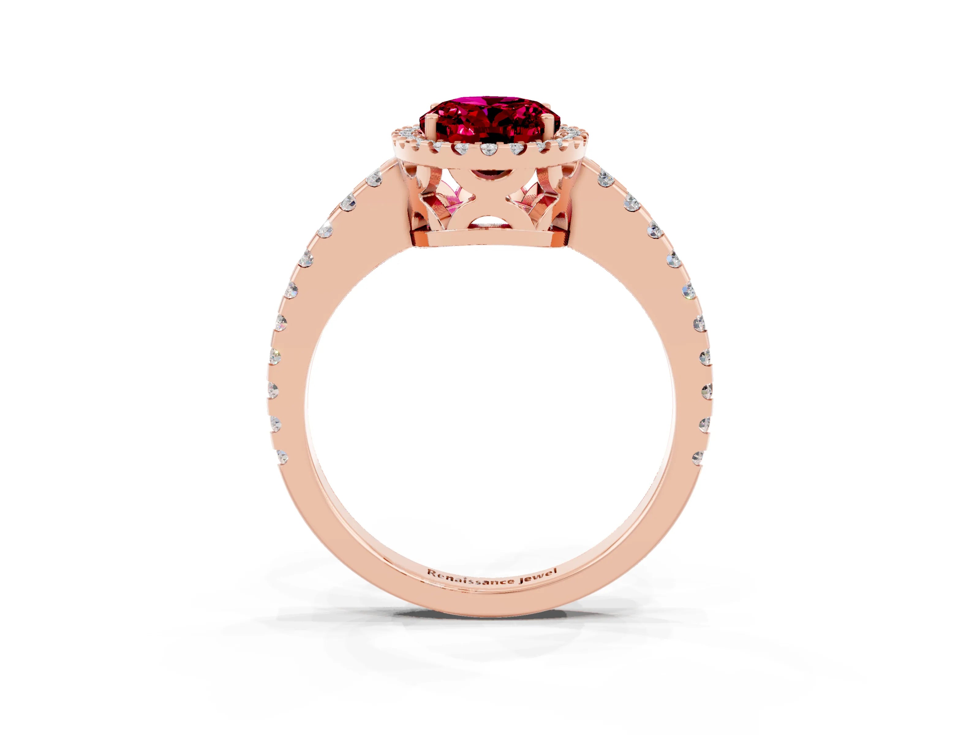 Rose gold Oval Cut Garnet Halo Engagement Ring with Pavé Band and Prong Setting_15