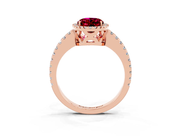 Rose gold Oval Cut Garnet Halo Engagement Ring with Pavé Band and Prong Setting