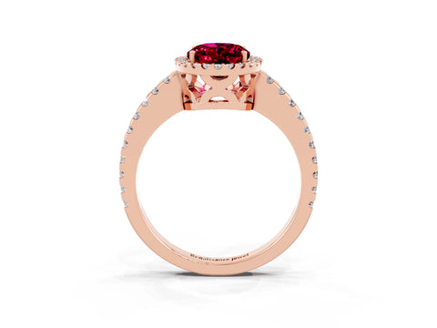 Rose gold Oval Cut Garnet Halo Engagement Ring with Pavé Band and Prong Setting_15