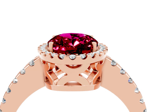 Rose gold Oval Cut Garnet Halo Engagement Ring with Pavé Band and Prong Setting_16