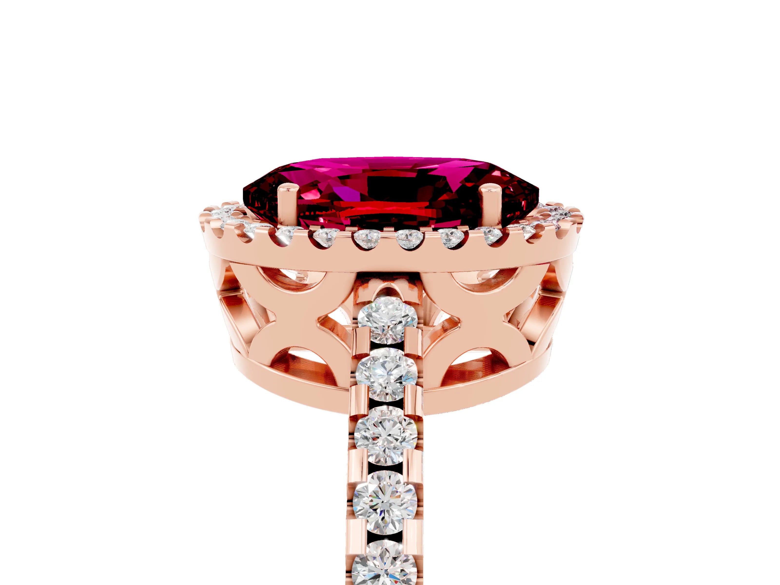 Rose gold Oval Cut Garnet Halo Engagement Ring with Pavé Band and Prong Setting_17