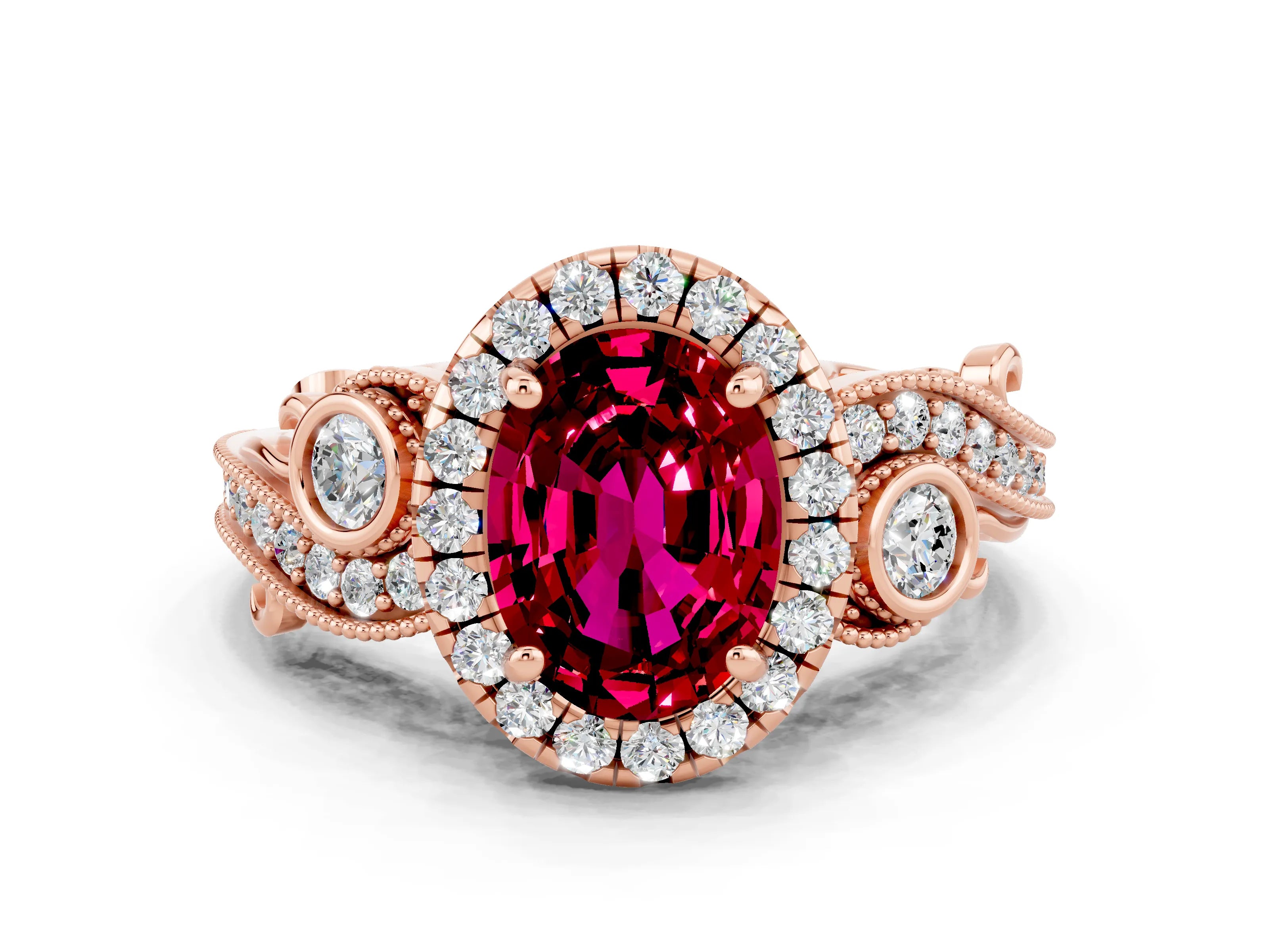 Rose gold Oval Cut Garnet Halo Ring with Milgrain Pavé Band and Four-Prong Setting_24