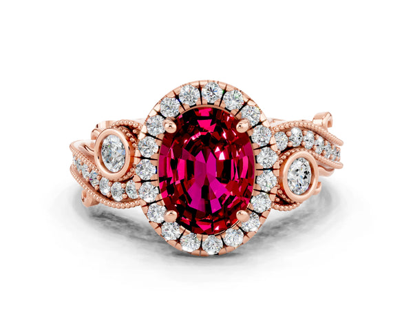 Rose gold Oval Cut Garnet Halo Ring with Milgrain Pavé Band and Four-Prong Setting