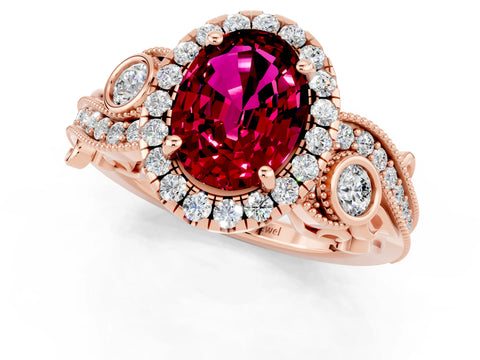 Rose gold Oval Cut Garnet Halo Ring with Milgrain Pavé Band and Four-Prong Setting_25