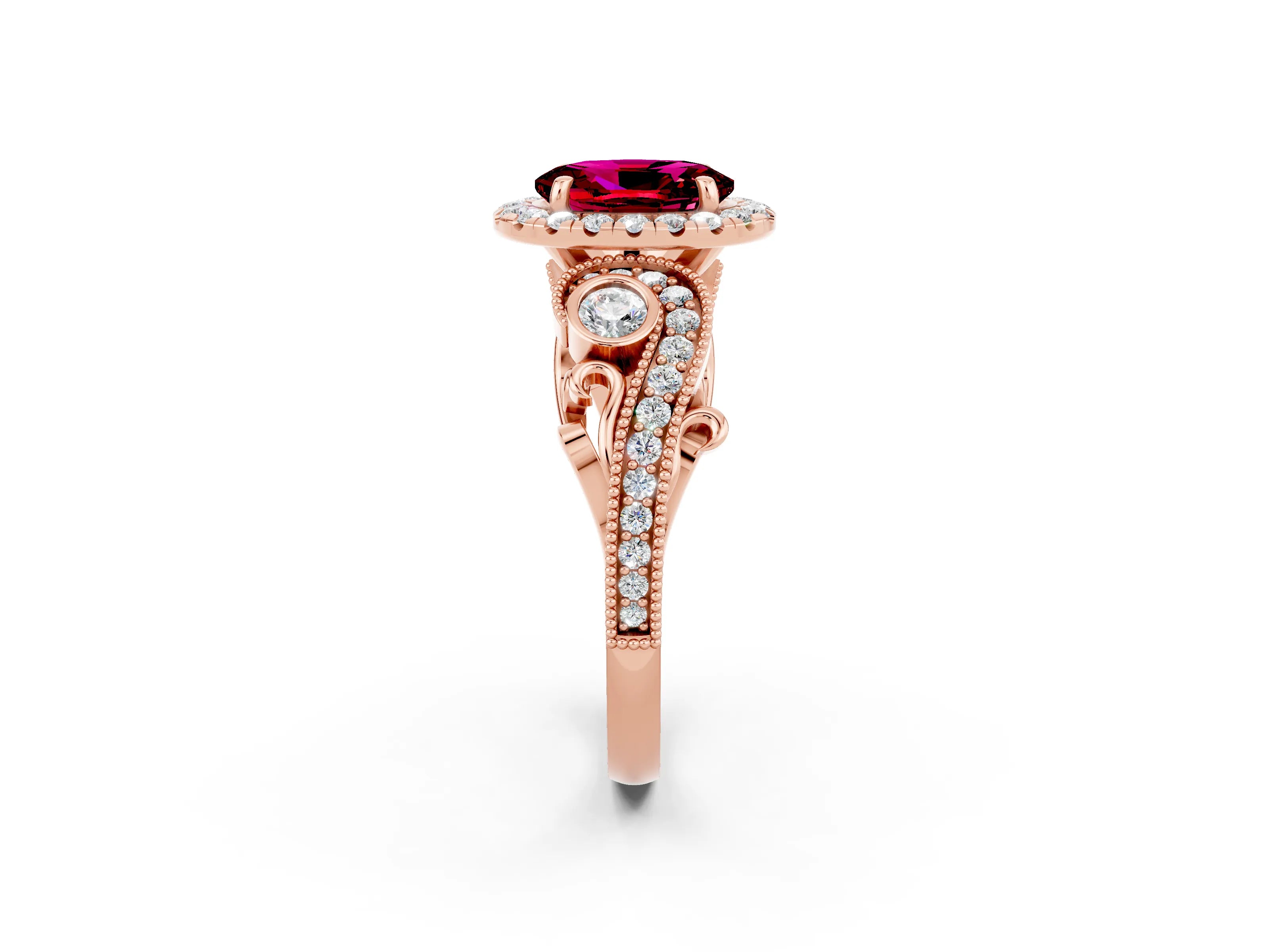 Rose gold Oval Cut Garnet Halo Ring with Milgrain Pavé Band and Four-Prong Setting_26