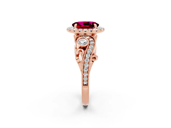 Rose gold Oval Cut Garnet Halo Ring with Milgrain Pavé Band and Four-Prong Setting