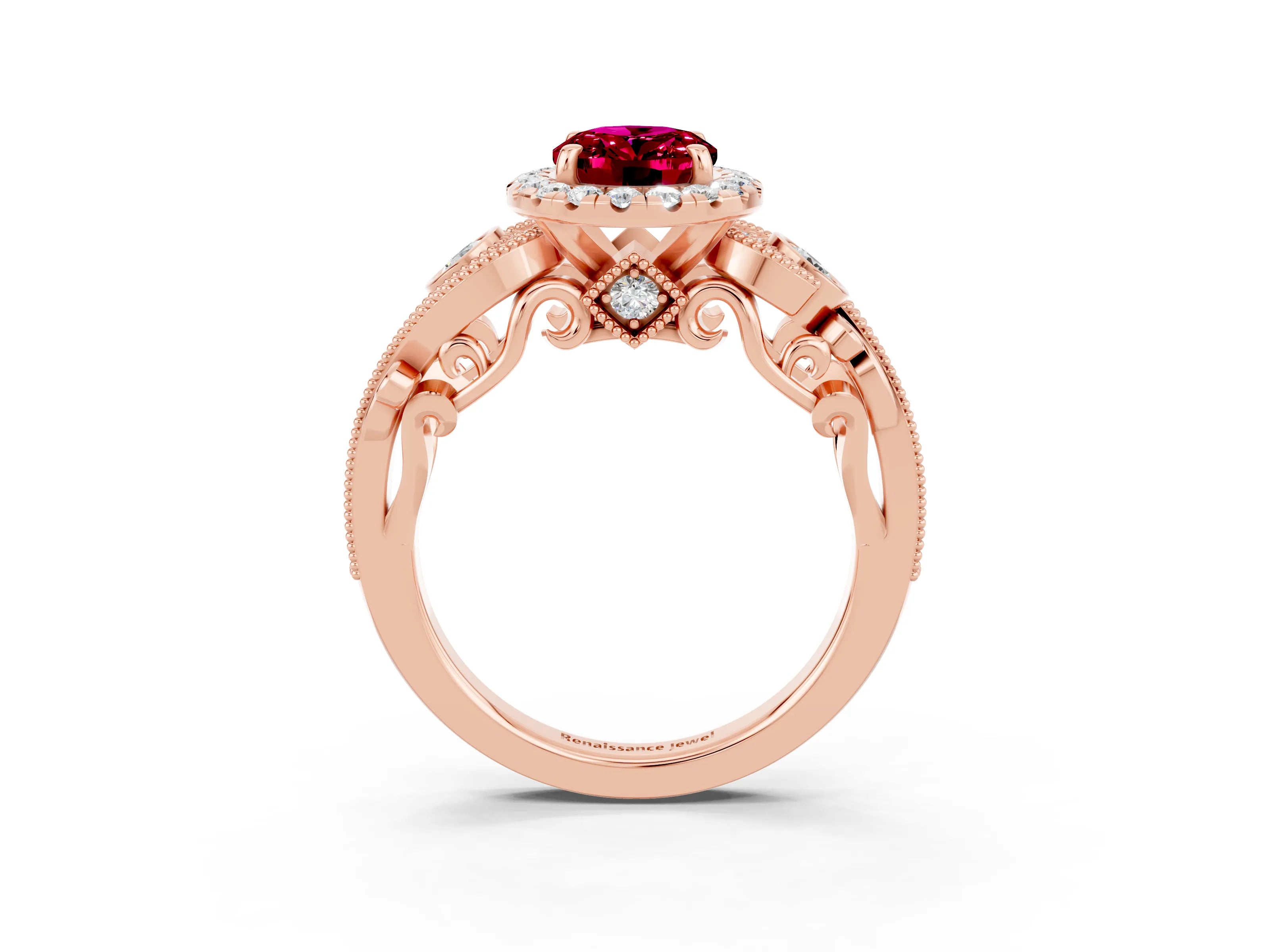 Rose gold Oval Cut Garnet Halo Ring with Milgrain Pavé Band and Four-Prong Setting_27