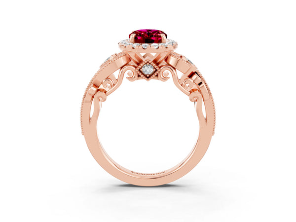 Rose gold Oval Cut Garnet Halo Ring with Milgrain Pavé Band and Four-Prong Setting