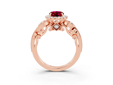 Rose gold Oval Cut Garnet Halo Ring with Milgrain Pavé Band and Four-Prong Setting_27