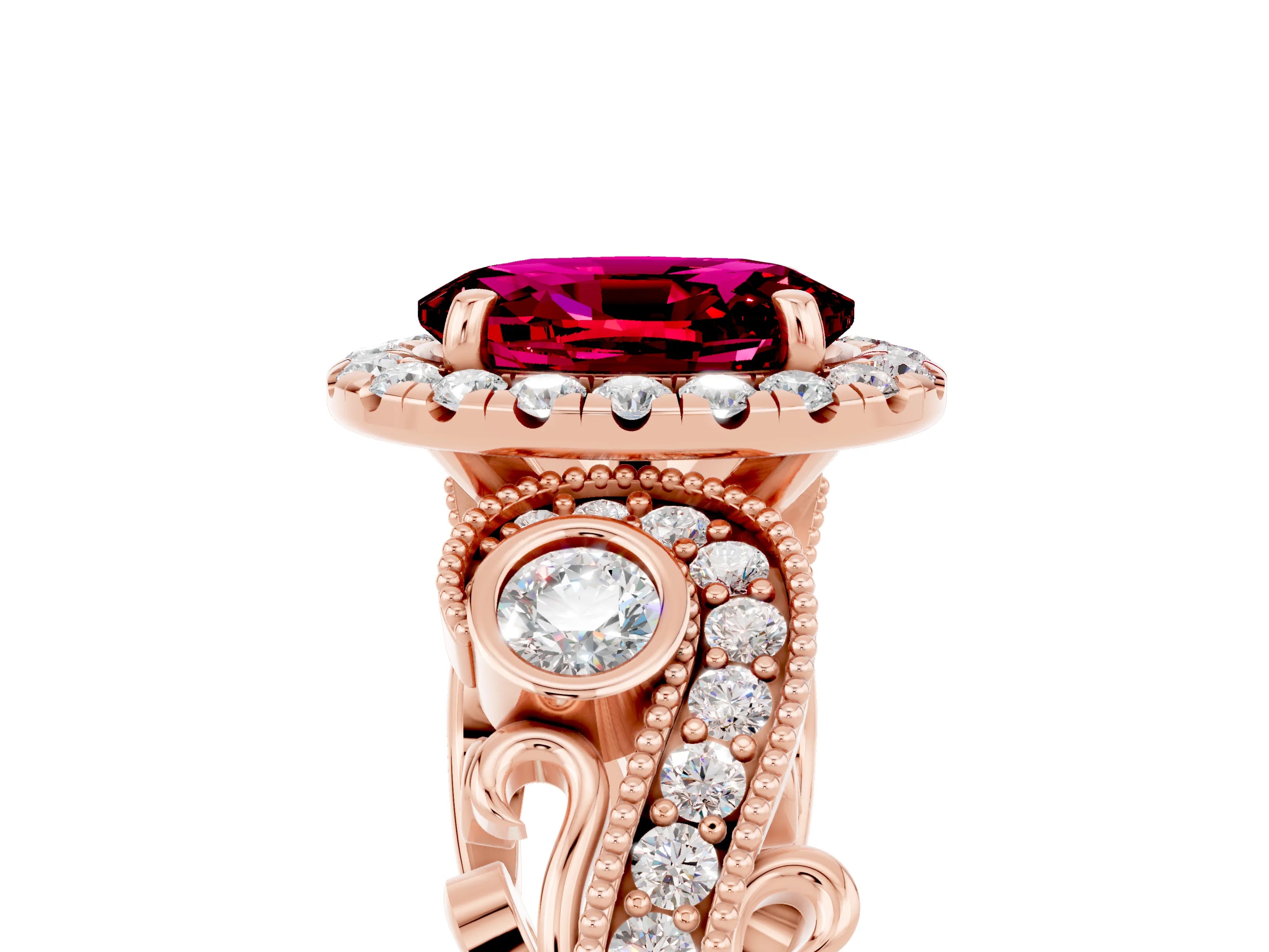Rose gold Oval Cut Garnet Halo Ring with Milgrain Pavé Band and Four-Prong Setting_29