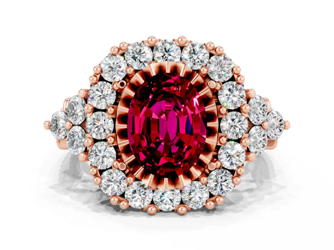 Rose gold Oval Cut Garnet Halo Ring with Pavé Band and Four-Prong Setting_12