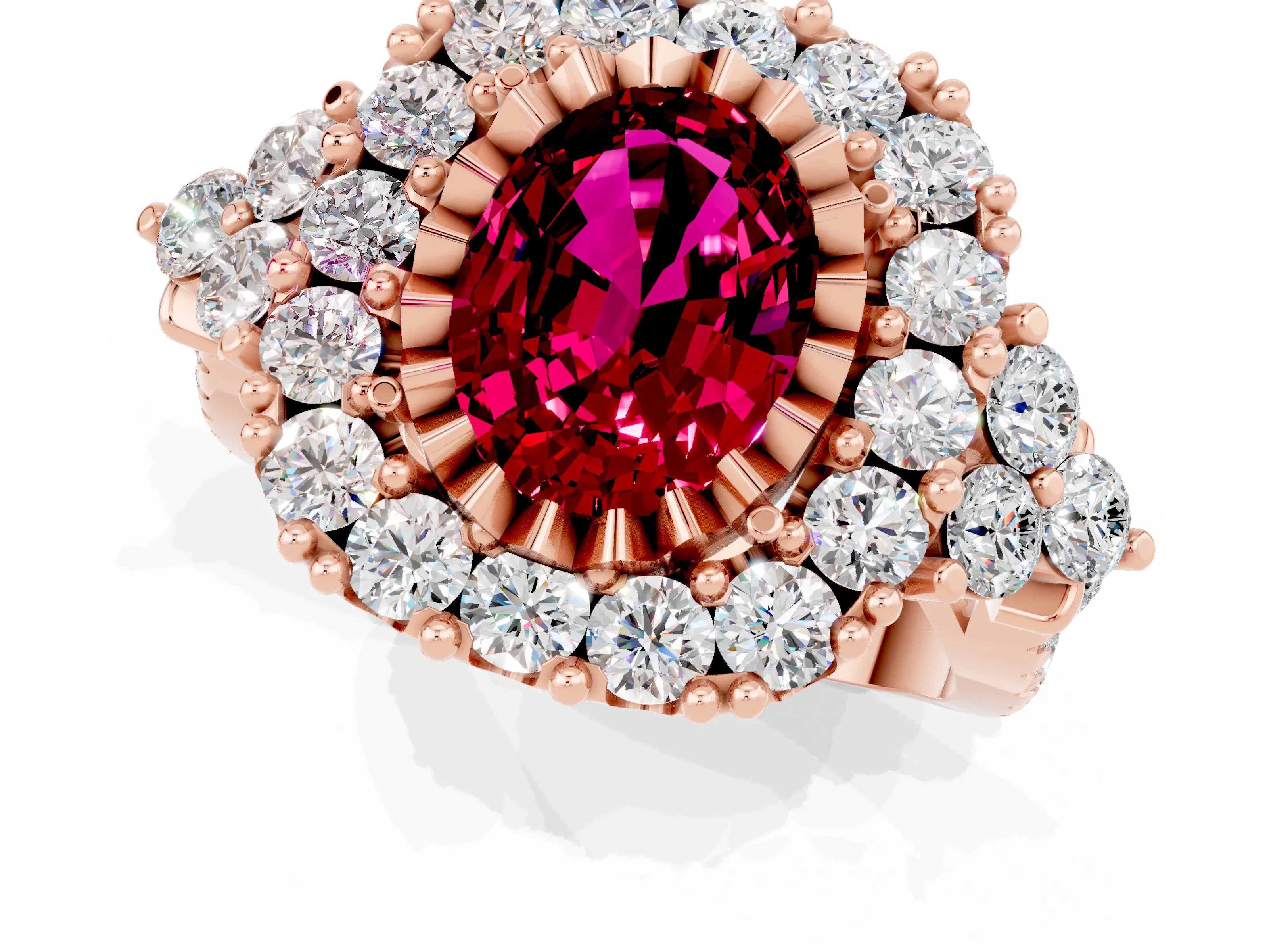 Rose gold Oval Cut Garnet Halo Ring with Pavé Band and Four-Prong Setting_13