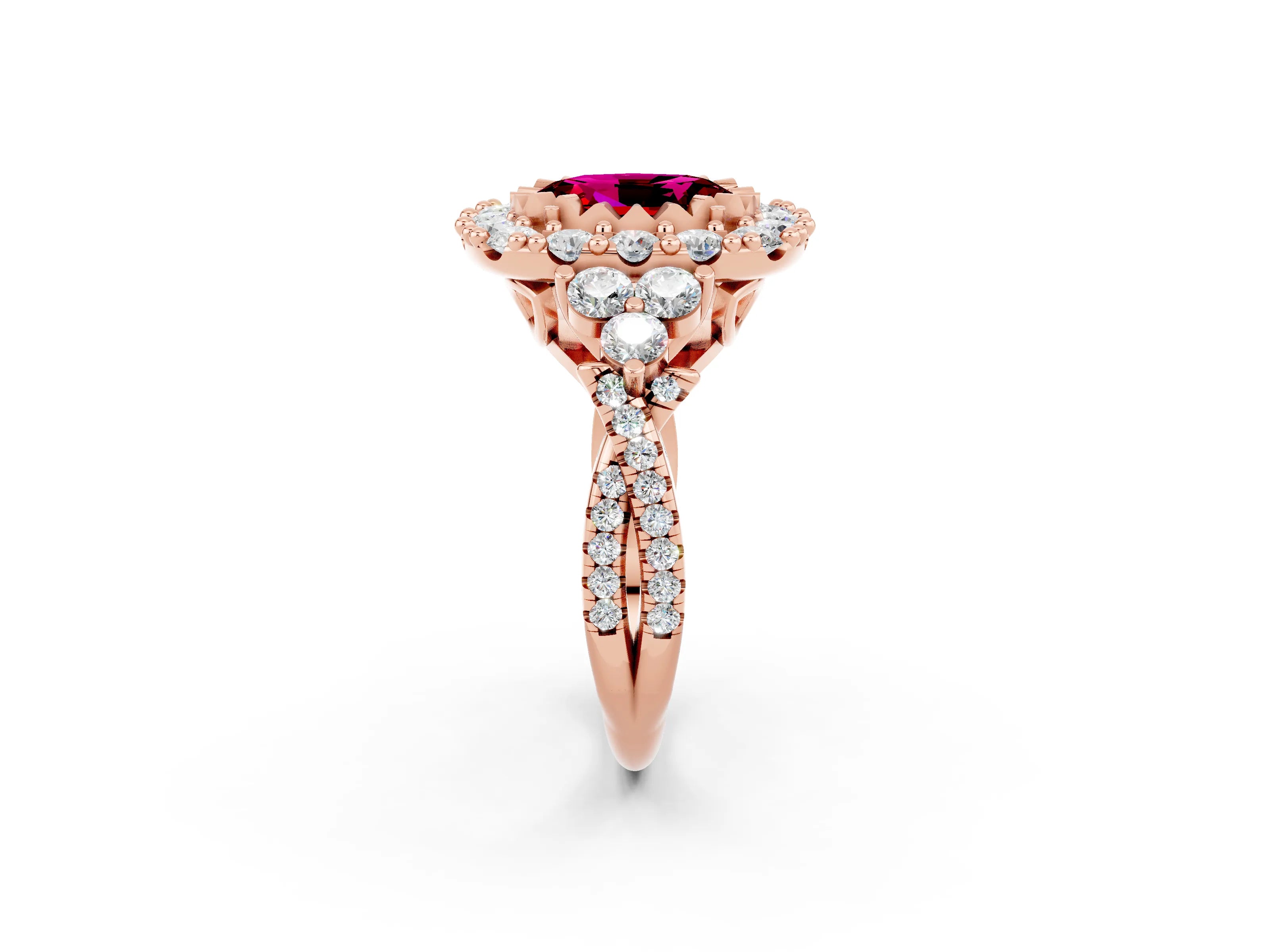 Rose gold Oval Cut Garnet Halo Ring with Pavé Band and Four-Prong Setting_14