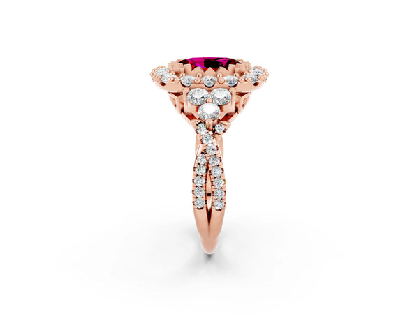 Rose gold Oval Cut Garnet Halo Ring with Pavé Band and Four-Prong Setting