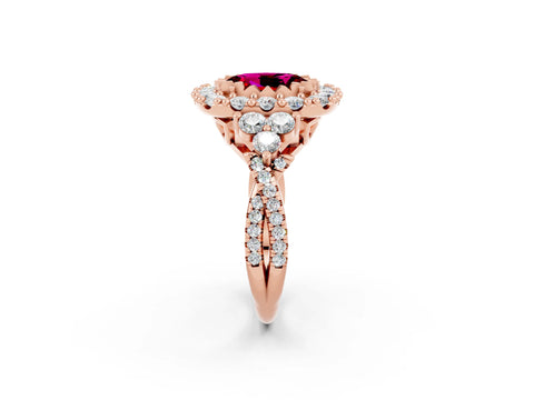 Rose gold Oval Cut Garnet Halo Ring with Pavé Band and Four-Prong Setting_14