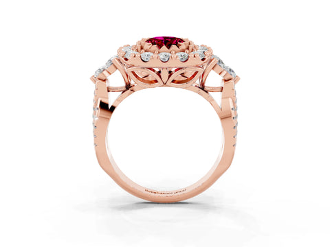 Rose gold Oval Cut Garnet Halo Ring with Pavé Band and Four-Prong Setting_15