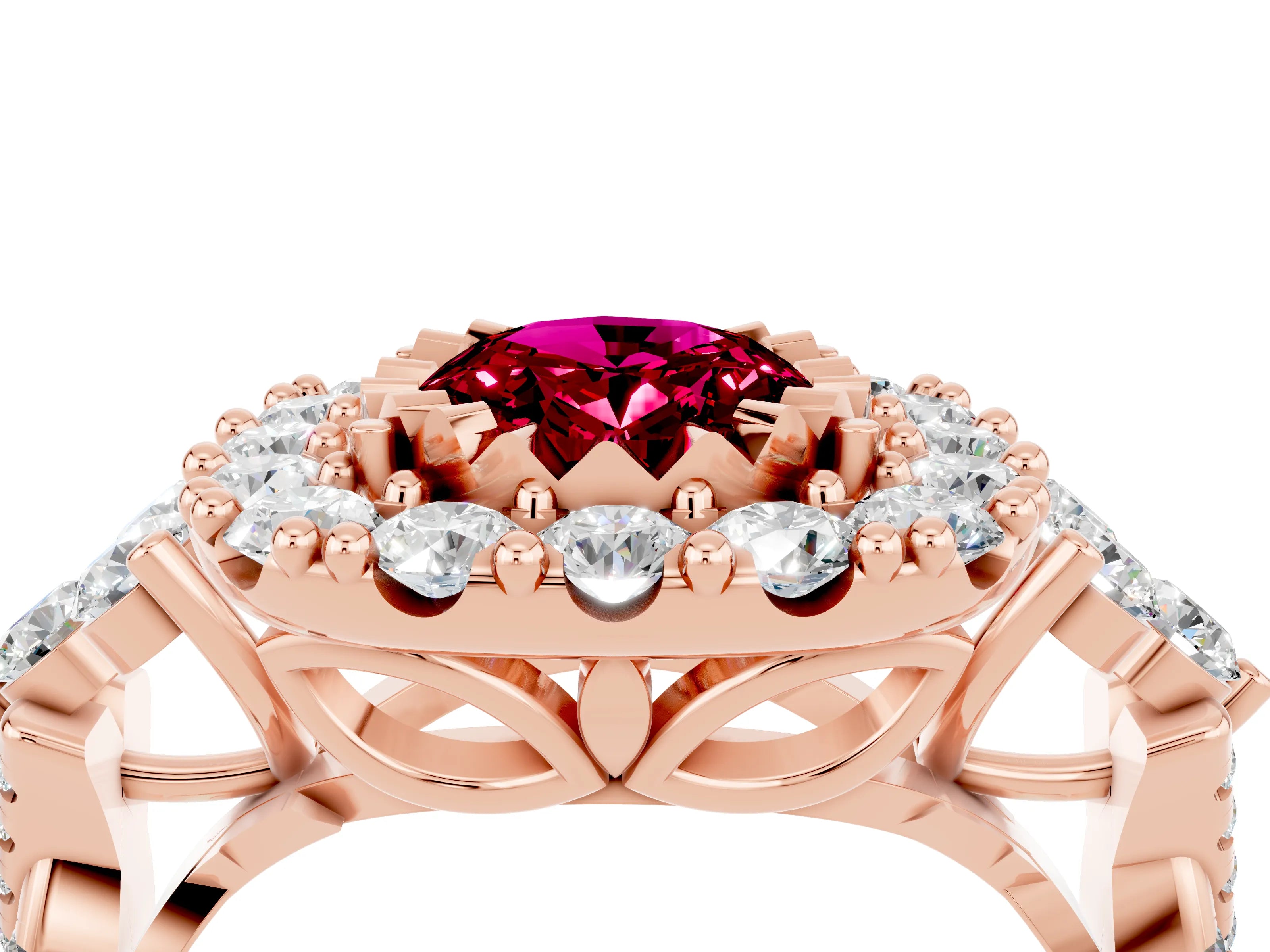 Rose gold Oval Cut Garnet Halo Ring with Pavé Band and Four-Prong Setting_16