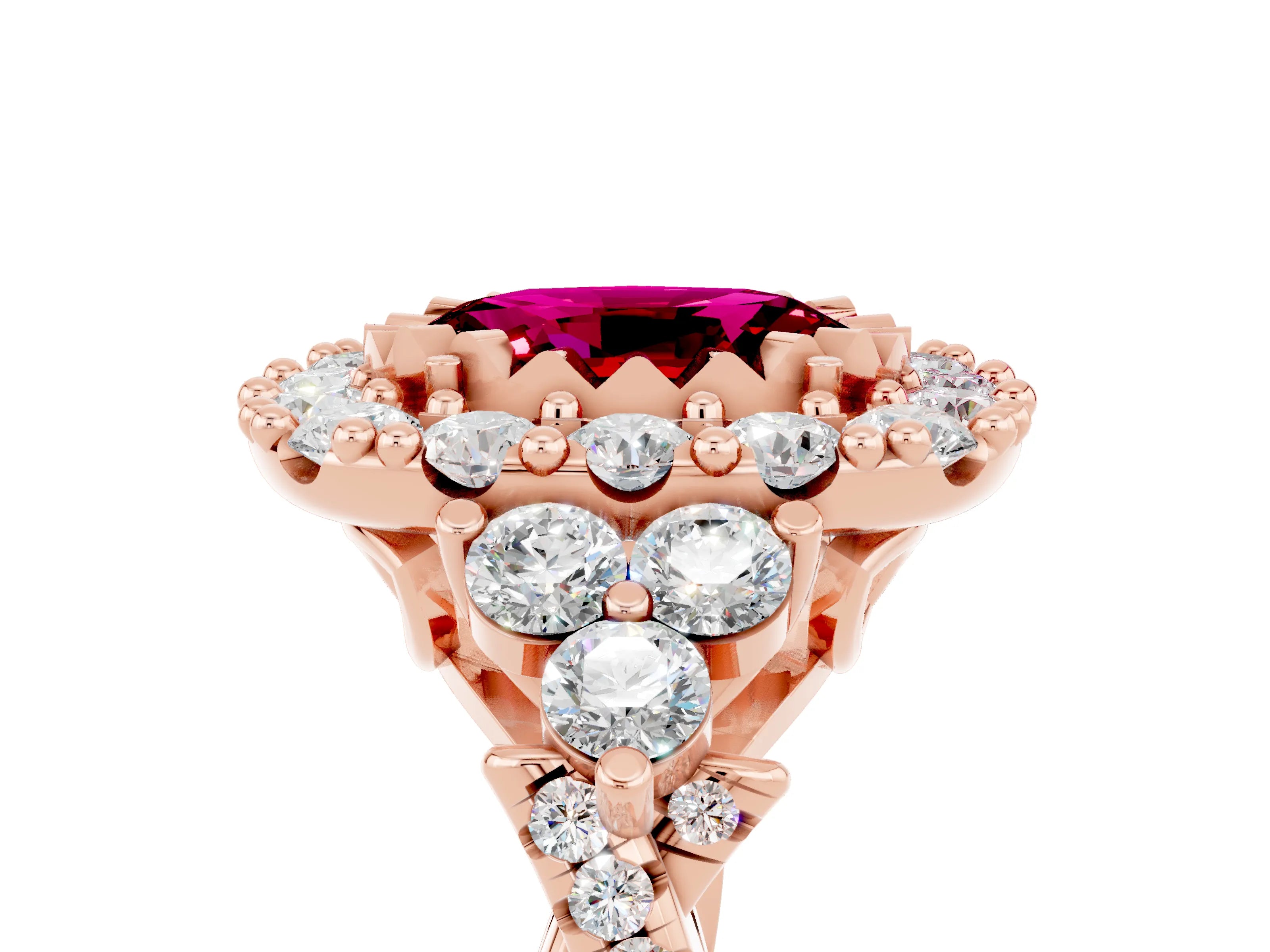Rose gold Oval Cut Garnet Halo Ring with Pavé Band and Four-Prong Setting_17