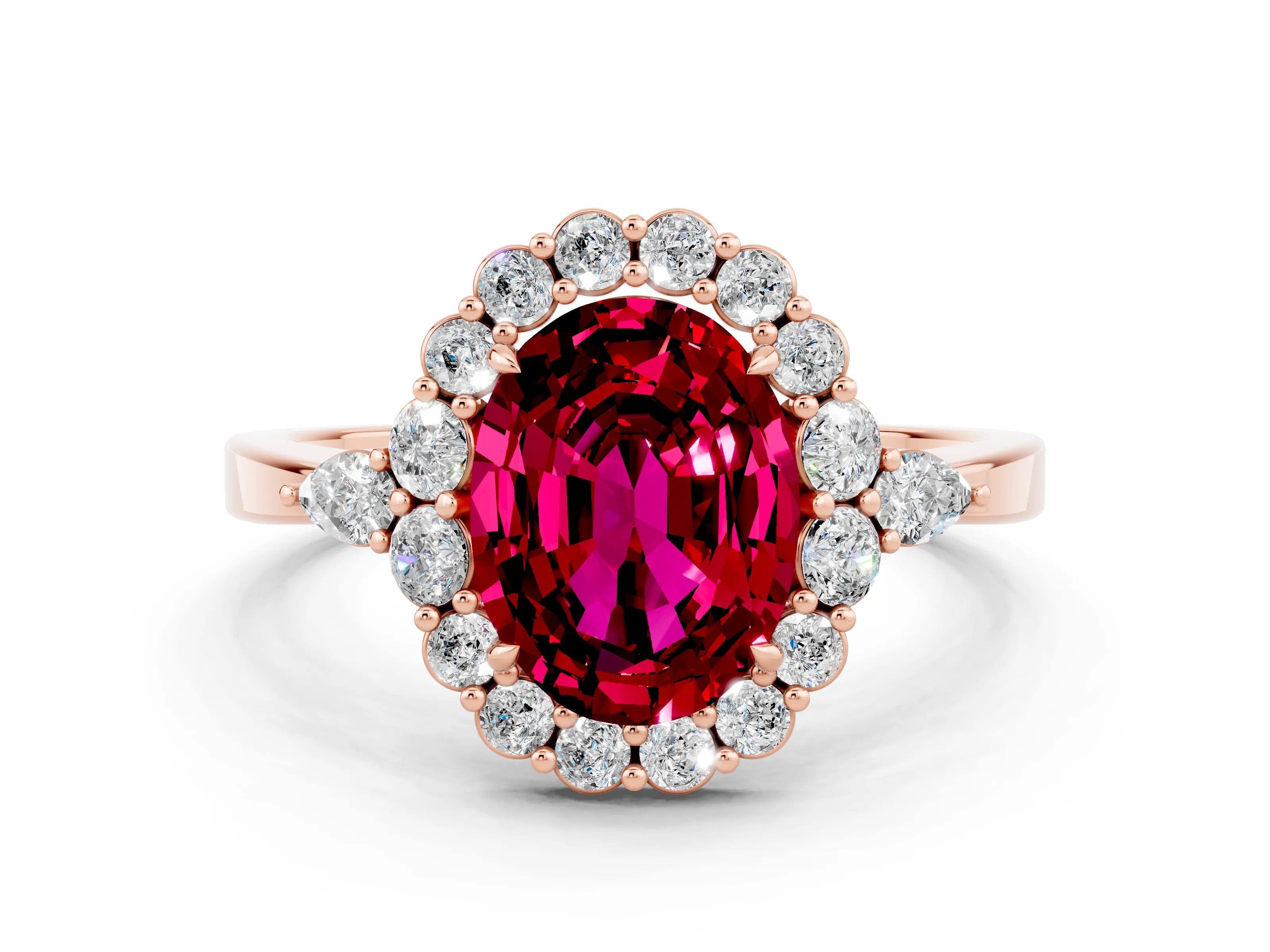 Rose gold Oval Cut Garnet Halo Ring with Pear Side Stones and Prong Setting_12