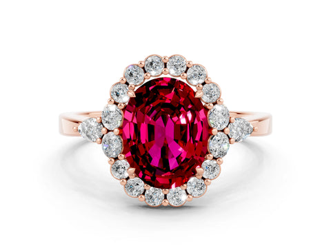 Rose gold Oval Cut Garnet Halo Ring with Pear Side Stones and Prong Setting_12