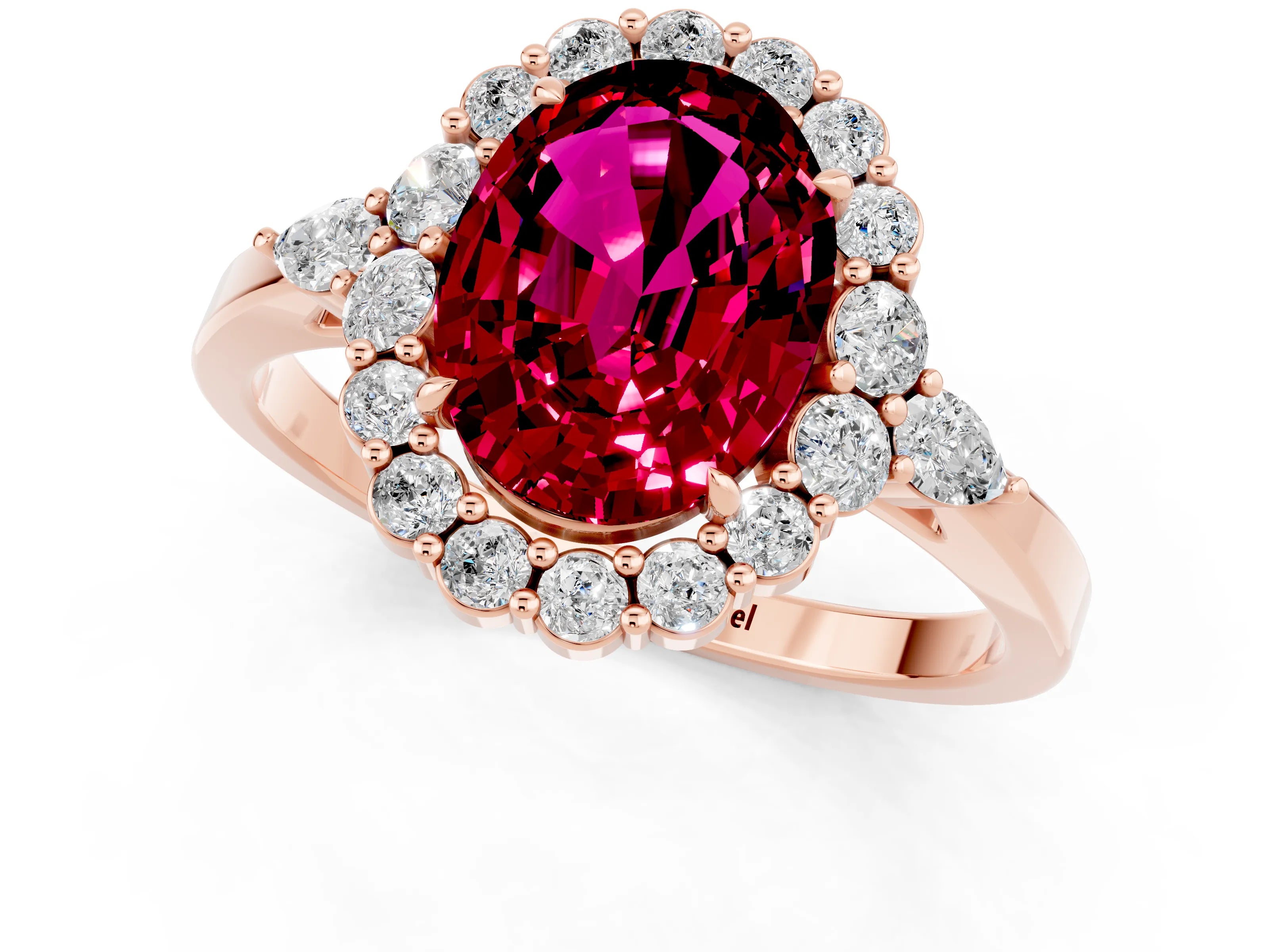 Rose gold Oval Cut Garnet Halo Ring with Pear Side Stones and Prong Setting_13