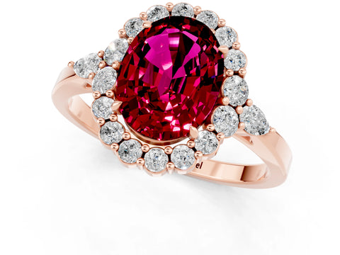 Rose gold Oval Cut Garnet Halo Ring with Pear Side Stones and Prong Setting_13