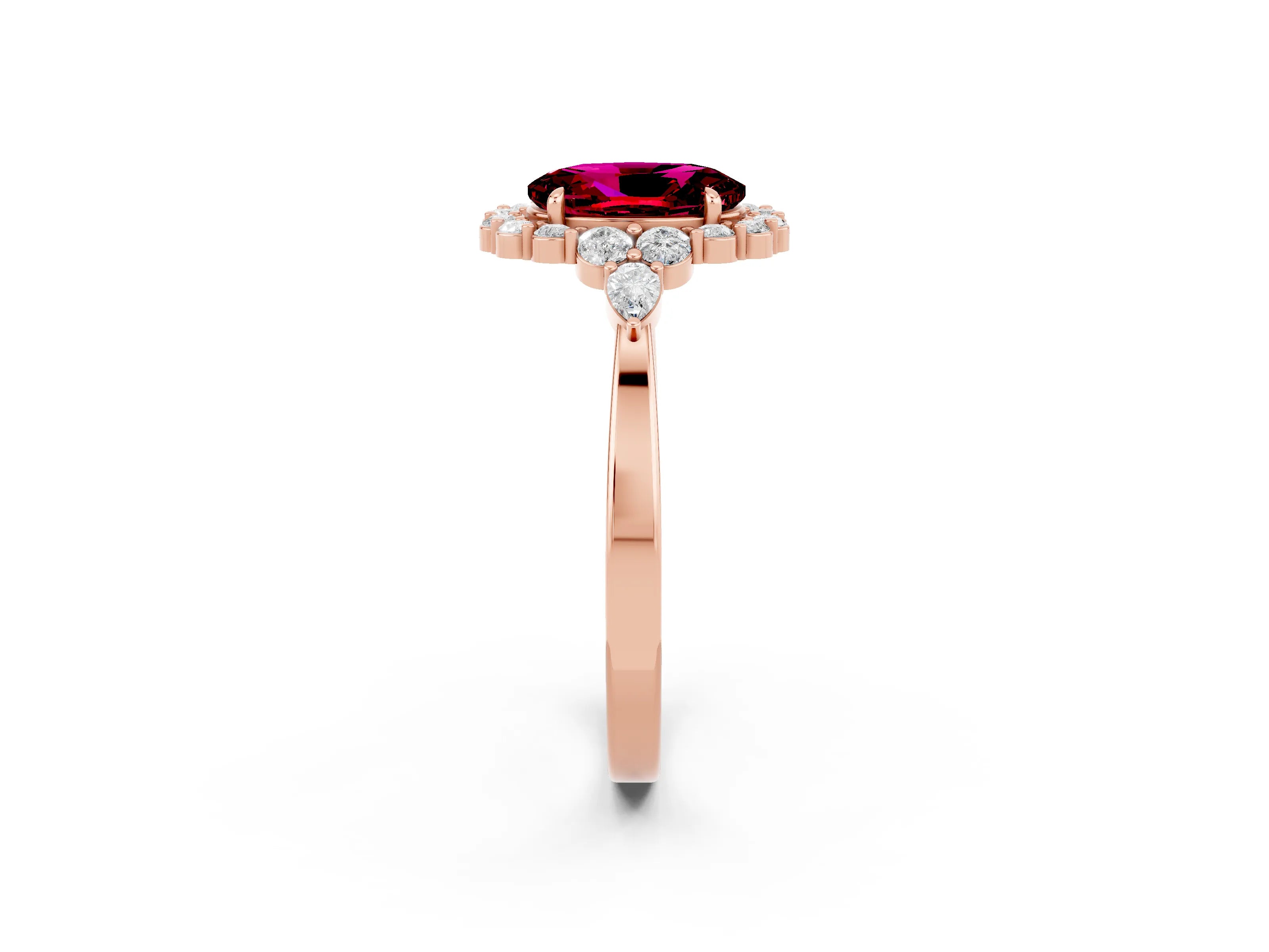Rose gold Oval Cut Garnet Halo Ring with Pear Side Stones and Prong Setting_14