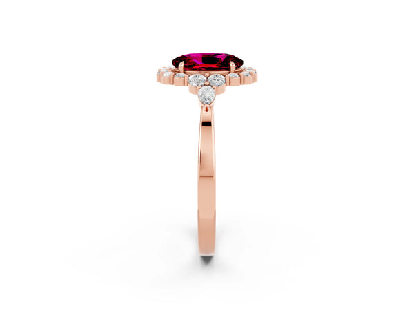 Rose gold Oval Cut Garnet Halo Ring with Pear Side Stones and Prong Setting