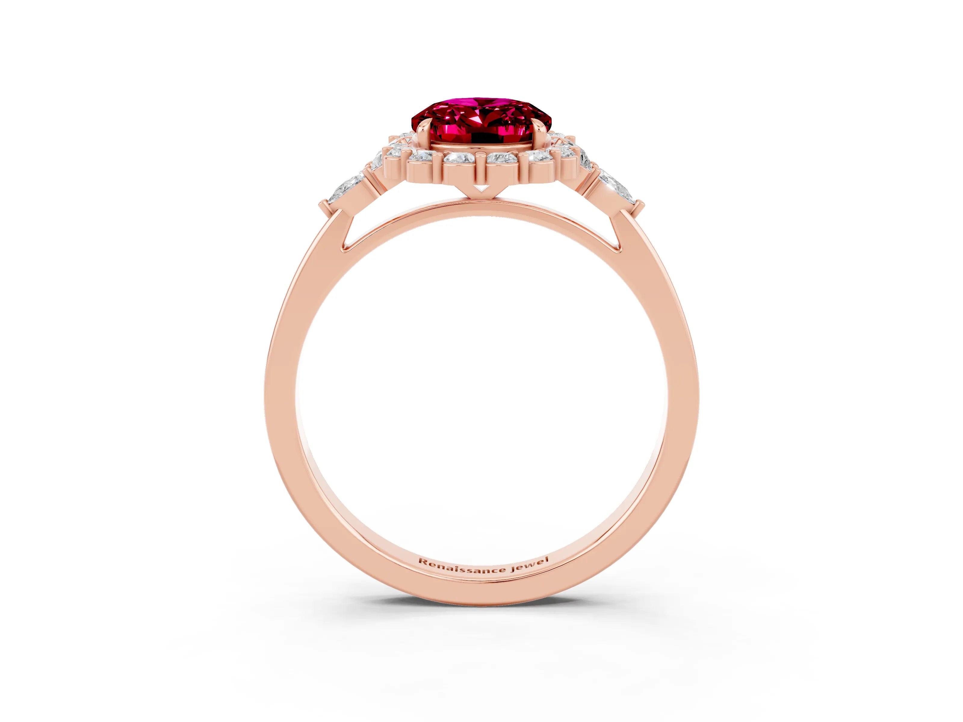Rose gold Oval Cut Garnet Halo Ring with Pear Side Stones and Prong Setting_15