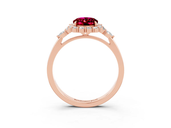 Rose gold Oval Cut Garnet Halo Ring with Pear Side Stones and Prong Setting
