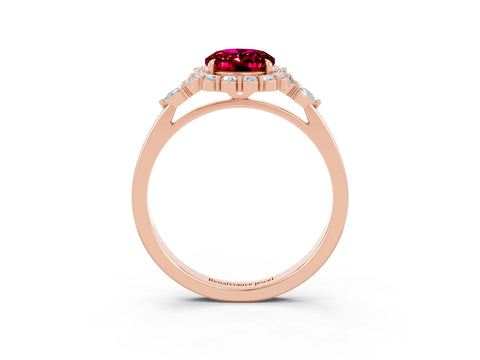 Rose gold Oval Cut Garnet Halo Ring with Pear Side Stones and Prong Setting_15