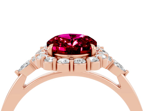 Rose gold Oval Cut Garnet Halo Ring with Pear Side Stones and Prong Setting_16