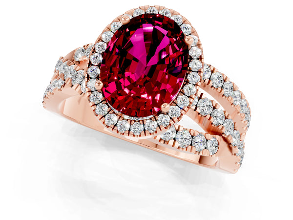 Rose gold Oval Cut Garnet Halo Ring with Round Split Shank and Prong Setting